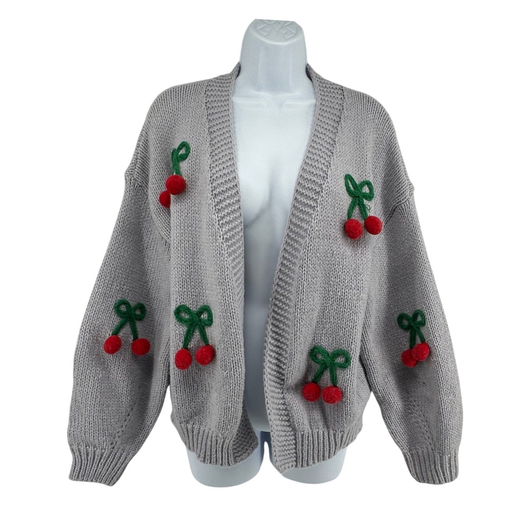 Luna Ivy Cherry Pom Pom Cardigan Women Cottagecore Coquette Chunky Size S